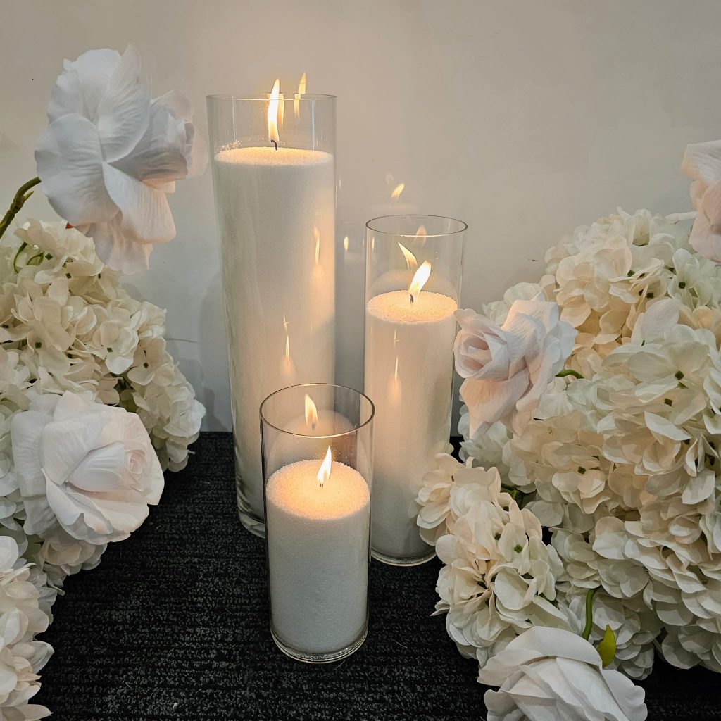 Trio of Pillar Sand Candles - Ivory Heart