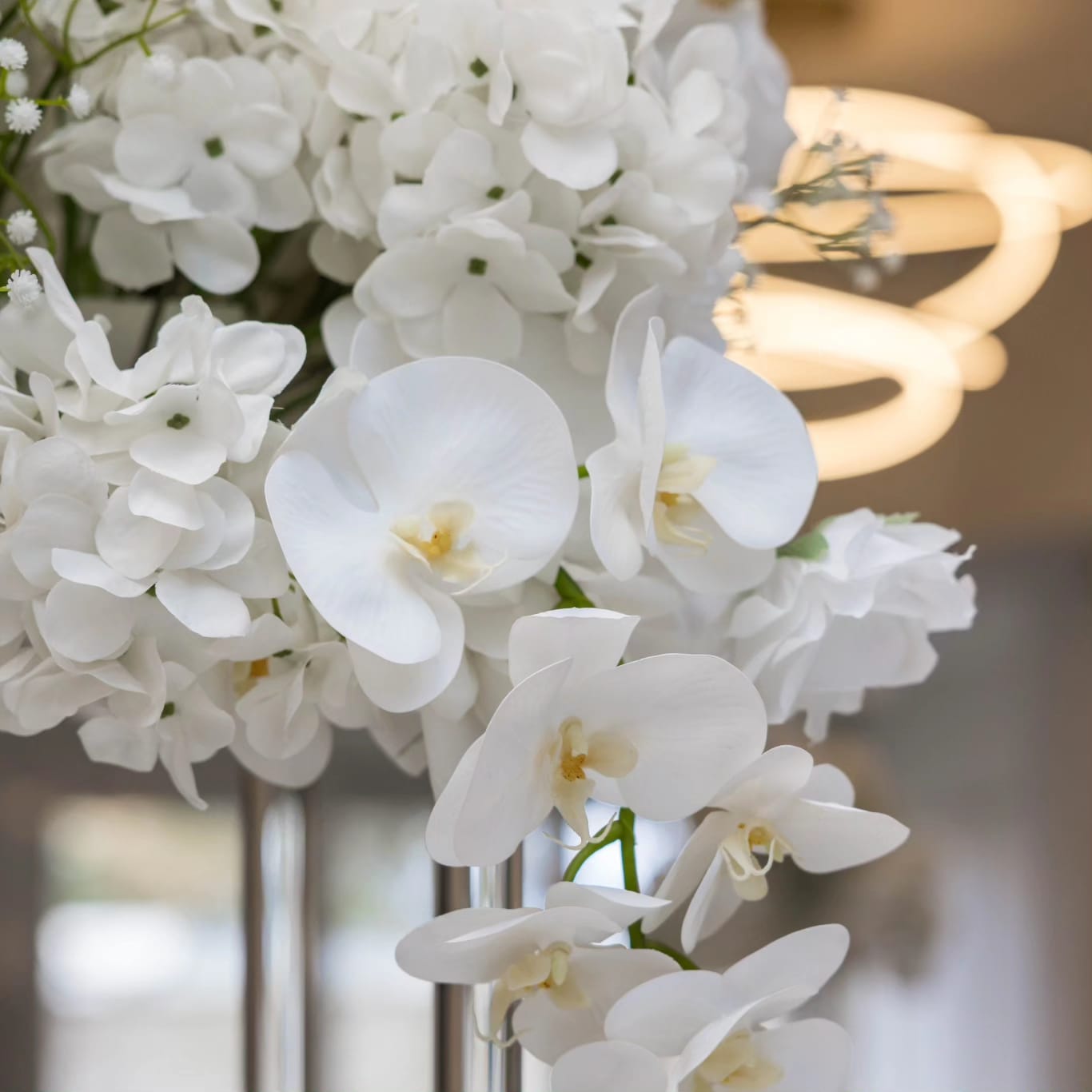 Hydrangea & White Orchid Centrepiece Flowers - Ivory Heart